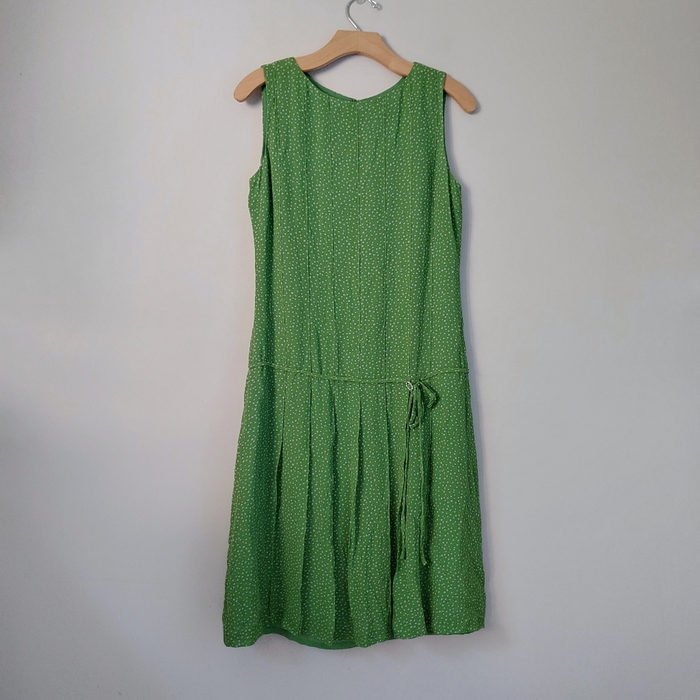 Cynthia Howie Silk Midi Shift Dress Drop Waist Polka Dots Size 6 Green